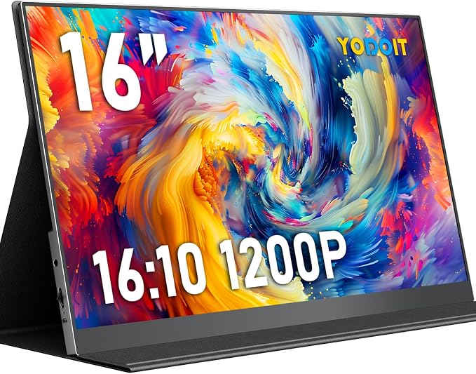 Yodoit Portable Monitor for Laptop 1920×1200 16" FHD Screen IPS Display with USB Type C Port, Built-in Speakers and Smart Cover Compatible with PC, MacBook, Xbox (Black) by Stayconnectedstayproductive
