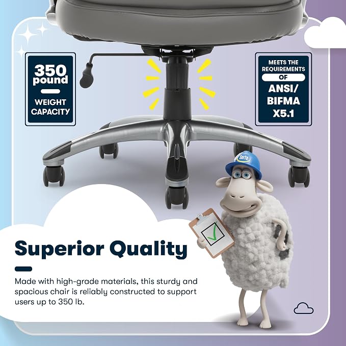 Serta Ergonomic Big and Tall Executive Office Chair Lumbar Support, Leather | Fairbanks, Gaming Chair with Headrest, 350lb Capacity, Padded Arms, Semi-Plush Seat Cushion, Adjustable Height and Tilt, Gray - Image 11