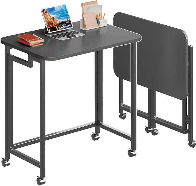 4NM 23.6" Mobile Small Rolling Computer Desk, Folding Laptop Cart Table with Wheels, Portable Office Desk for Small Space Couch Bed - All Black by 4NM