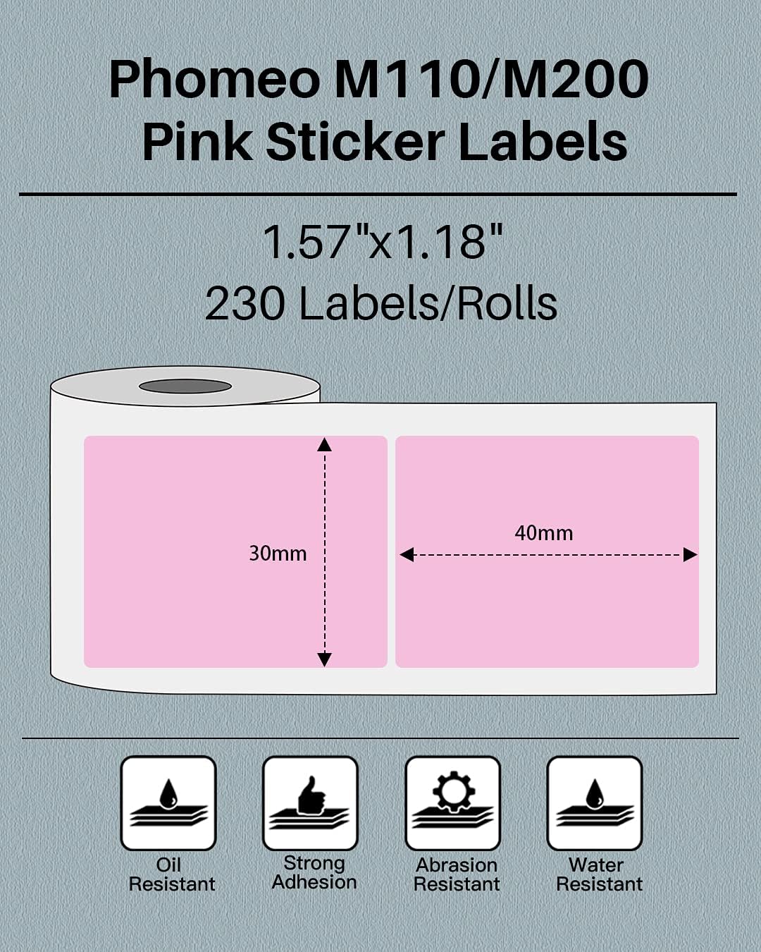 Phomemo Sticker Label M110/M221/M220/M120/M200/M150/M250/M260 Pink Label- 1.57"x1.18"(40x30mm) Thermal Paper for Small Business, Home, Office, 230 Labels/Roll - Image 2