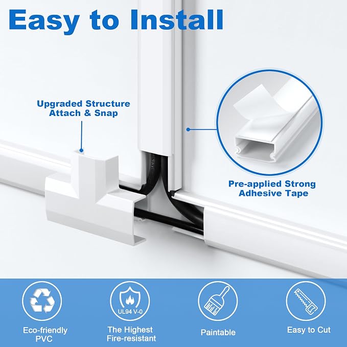 ZhiYo Cord Cover Wall Kit, 94.5in Cord Hider Wall Mounted TV, Self-Adhesive Wire Covers for Cords, Paintable Wire Hiders Cable Raceway Kit, Cable Concealer, 6 x L15.7in W0.98 H0.5in, Black - Image 5