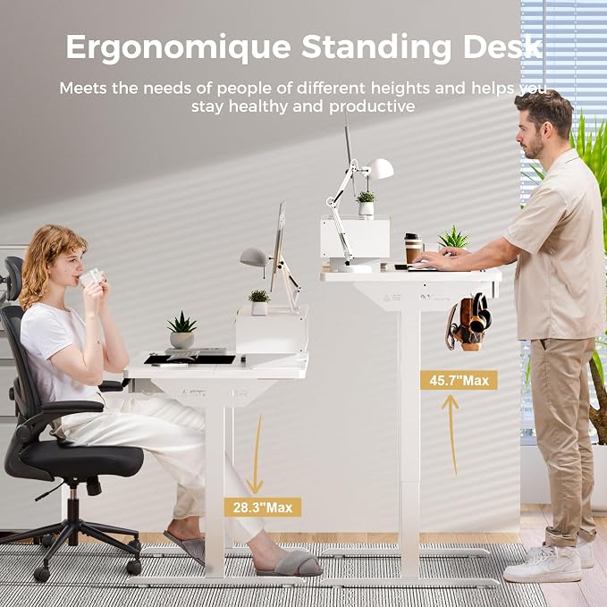GTPLAYER Electric Standing Desk with Drawers, 55 x 24 Inch Height Adjustable Gaming Desk with Monitor Stand, Power Outlets & LED Lights, Home Office Sit Stand Up Desk with Memory Preset (White) - Image 3