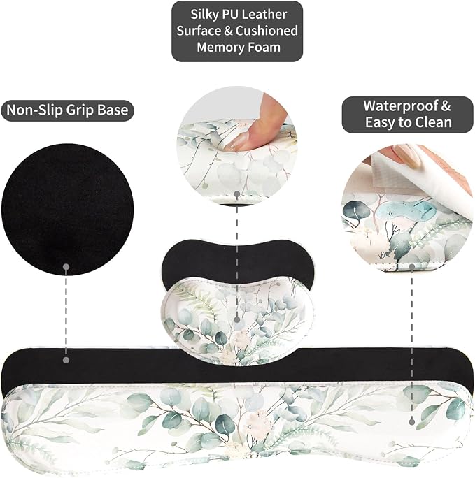 QIYI PU Leather Desk Mat Set, 4-in-1 Ergonomic Wrist Rest, Eucalyptus Leaf | Waterproof Large Mouse Pad 31.5×15.7 + Keyboard Wrist Rest + Mouse Wrist Support+Coaster, Non-Slip Office Gaming Accessories - Image 6