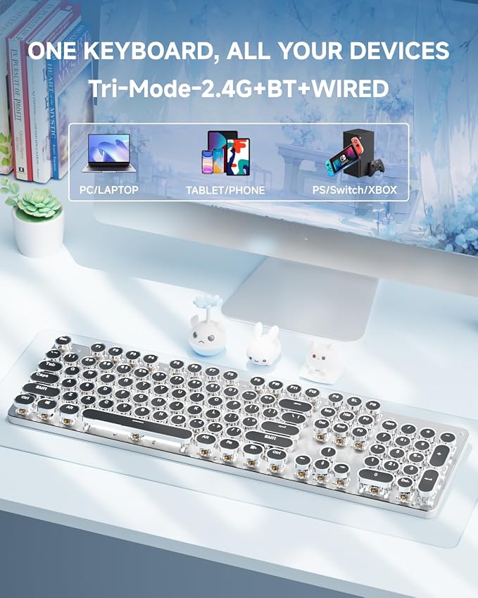 EWEADN TK950 Typewriter Keyboard Wireless Mechanical Keyboard, 104 Keys Aesthetic Typewriter Keyboards with White Backlit, Anti-Ghosting, Blue Switch Bluetooth/2.4GHz/Wired Cute keyboards-Black - Image 3