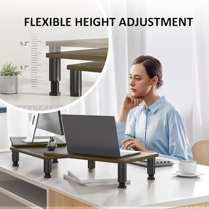 Dual Monitor Stand Riser, Monitor Stand with Adjustable Length and Angle, Wood Monitor Stand for Desk, Monitor Riser for 2 Monitors with Storage Space - Image 2