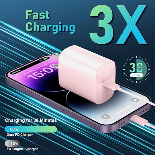 DiHines for iPhone 14 13 12 11 Fast Charger,10FT Long Fast Charging Lightning Cable with 20W USB C Charger Block for iPhone 14/14 Pro Max/13/13 Pro Max/12/12 Pro Max/11/11Pro/XS/Max/XR/X,iPad,Pink - Image 2
