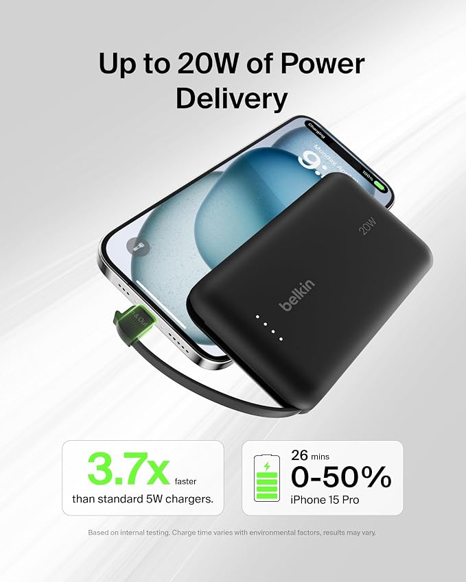 Belkin 10000mAh 20W USB C Power Bank, Portable Charger for iPhone & iPad | Fast Charging, Integrated USB C Cable, Eatra USB C Port, iPhone 17, iPad, Samsung Galaxy S26, Charge 2 Devices - Image 5