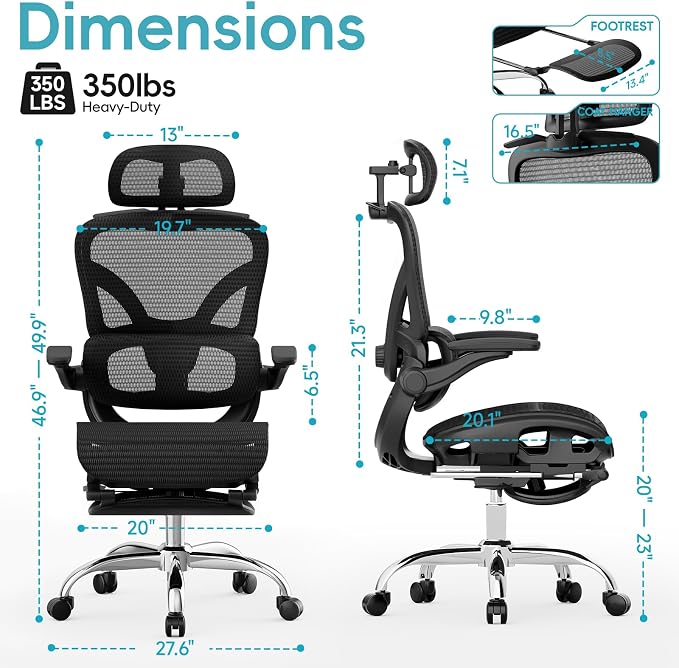 Ergonomic Office Chair, Home Office Desk Chairs with Adjustable Lumbar | Allion Ergonomic Mesh Computer Gaming Chairs with 3D Headrest, Flip-up Arms, Big Tall Reclining chair for Men Women, Black - Image 2
