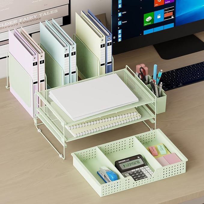 LEKETREE Green Desk Organizer, Office Organization with Vertical File Holder, File Organizer with Drawer and Pen Holder, Desk Accessories and Workspace Organizers for Home Office (Green) - Image 3