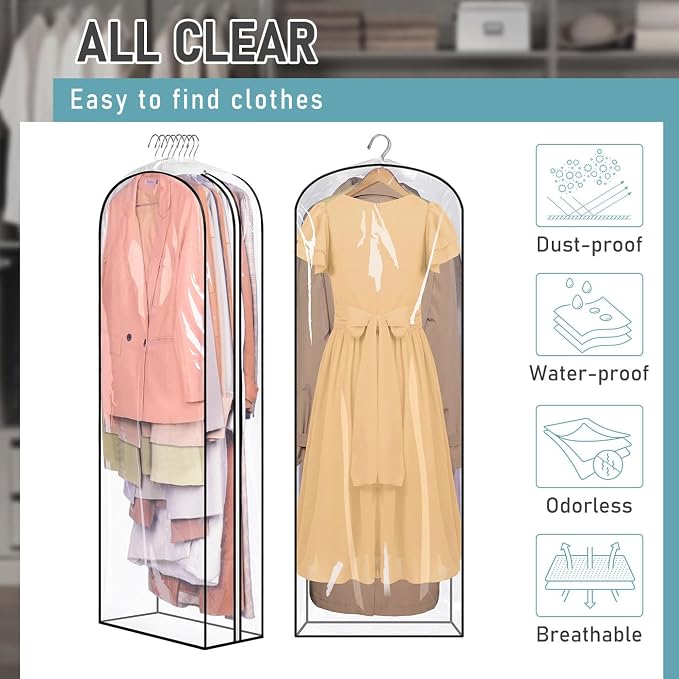 MISSLO 10" Gusseted All Clear Garment Bags for Hanging Clothes 60" Dress Bags for Gowns Long Fur Coat Closet Storage Covers, 3 Packs - Image 5