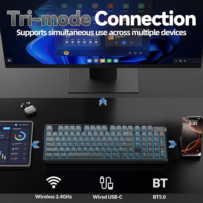 LEOBOG A98 Wireless Mechanical Keyboard, Tri-Mode BT5.0/2.4GHz/USB-C, Creamy Keyboard with Number Pad, Gasket Structure Hot Swappable, PBT Keycaps, RGB Backlit Black Gaming Keyboard with Knob for PC - Image 3