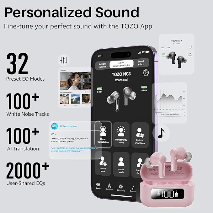 TOZO Hybrid Active Noise Cancelling in Ear Wireless Earbuds, 68H Playtime | 6 Mics AI Clear Calls, LED Display, 32 Preset EQs App, Bluetooth 5.3 Headphones, IPX8 Waterproof, Comfort Fit Ear Buds Pink - Image 6