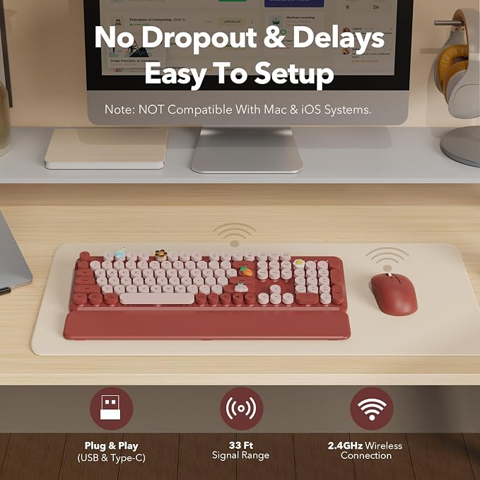 Wireless Keyboard and Mouse Combo, Wine Red Retro Typewriter Style Keyboard with Round Keycaps and Magnetic Wrist Rest, 2.4GHz Wireless for Mac, Windows PC, Laptop, Home Office, School, SABLUTE CK23 | Full-Size Retro Typewriter-Style Keyboard, Tilt Leg... - Image 7