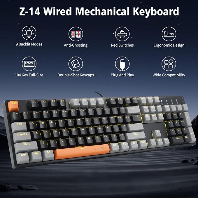 E-YOOSO Wired Mechanical Gaming Keyboard, Red Switch, Black Gray | Hot Swappable, Yellow LED Backlit, 104 Key Anti-ghosting, Full-Size Computer Keyboards for Office Work PC Mac - Image 2