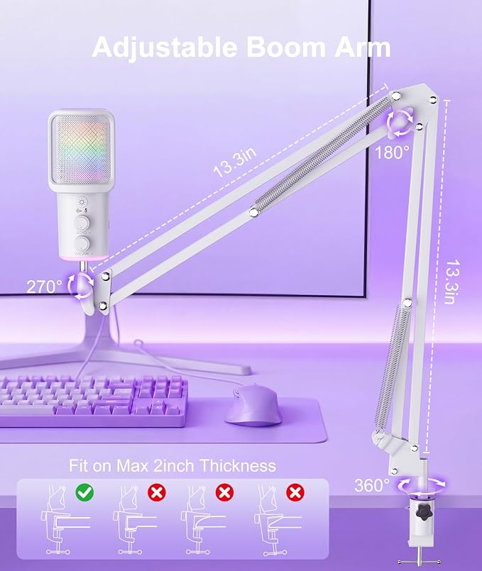 Gaming USB Microphone, Noise Cancellation Condenser Mic with Mute,Boom Arm Mic-Reverb Adjustment, Monitoring for Streaming, Podcasting, Discord, YouTube,PC, Computer, PS4, PS5, Mac-White - Image 5