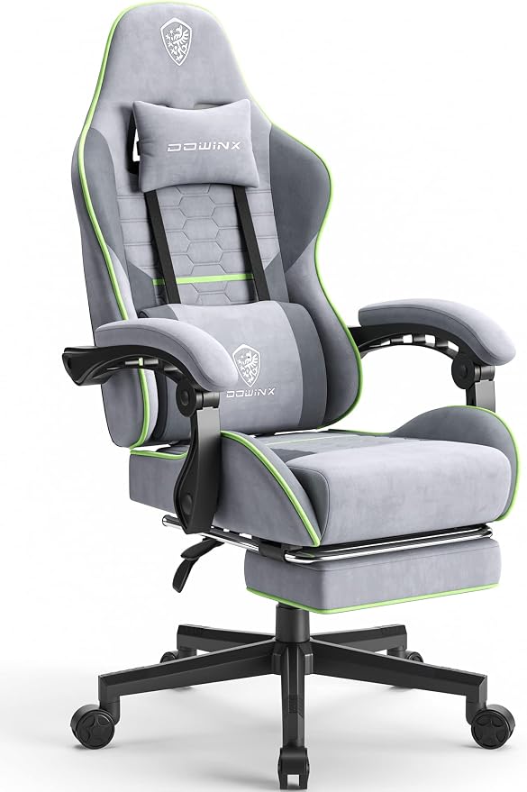 Dowinx Gaming Chair Fabric with Pocket Spring Cushion, Massage Game Chair Cloth with Headrest, Ergonomic Computer Chair with Footrest 290LBS, Light Grey by Dowinx