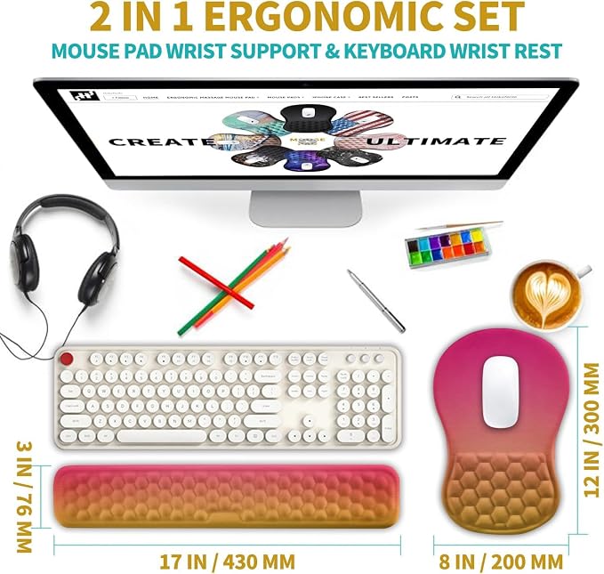 Hokafenle 2 in 1 Ergonomic Mouse Pad Wrist Support & Wrist Rest for Computer Keyboard Set, with Relieve Carpal Tunnel Pain Massage Bulge and Full Memory Gel Design (2In1 Set, Sunset Glow) - Image 2