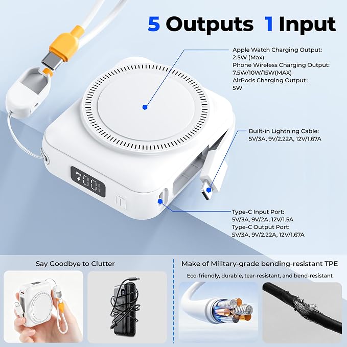 20000mAh Portable Charger 22.5W Fast Charging Power Bank Charge iWatch, Built-in Cables, LED Display, Magnetic Wireless Charging, TSA approved, Pocket Size, for Apple Watch, Phone, AirPods, White - Image 4