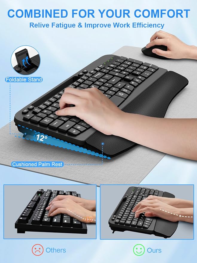 Hayyiesh Ergonomic Wave Keys Wireless Keyboard and Mouse Combo, Full Size with Memory Foam Wrist Rest & Phone Holder, 2.4G Cordless Set with USB-C Adapter for Windows Mac Desktop Laptop (Black) - Image 6