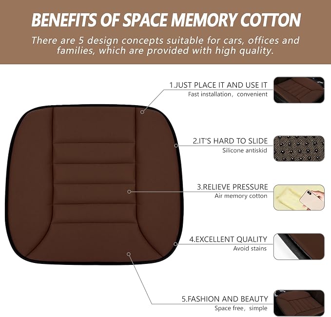 Car Seat Cushion Pad 1.2" Thick Comfort Protector for Car Driver Seat Office Chair Home Use Memory Foam Cushion with Non Slip Bottom, 20'' x 18.5'', Coffee - Image 2
