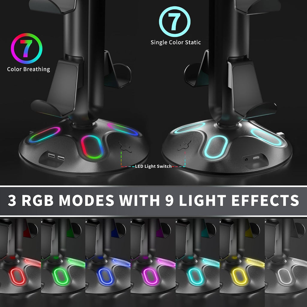 Gaming RGB Headphone Stand, Controller Holder with 9 Light Modes and 2 USB Charging Ports and 3.5mm & Type-C - Controller Stand Hanger Accessories for Desk and Gamer(Black) A - Image 2