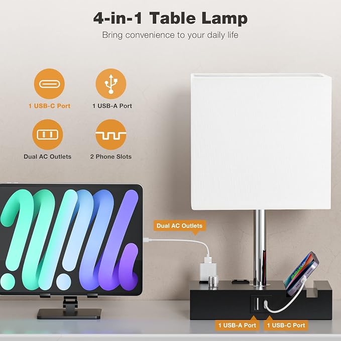 White Bedside Table Lamps Set of 2 - Dimmable, USB C+A, 2 AC Outlets | Dimming By Rotary Knob, USB C+A Ports, 2 Phone Stands, LED Bulbs Included, Rectangle White Lampshade, for Living Room, Desk - Image 3