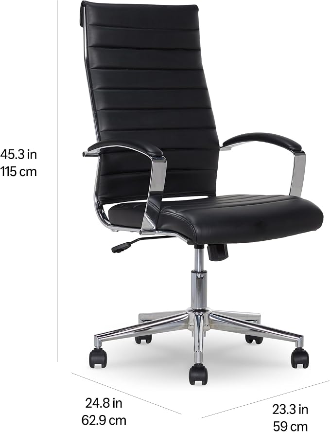 Amazon Basics High-Back Swivel Office Chair with Lumbar Support, Ergonomic Ribbed Faux Leather, Adjustable Height, 45.25" x 24.75" x 23.25", Black - Image 3