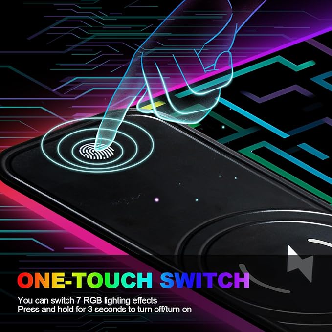 Wireless Charging RGB Gaming Mouse Pad, 31.5 x 11.8 Inch Extended Mouse Mat with Neon Geometric Line Design, LED Desk Pad with 7 Lighting Modes, Non-Slip Base for Gaming & Office - Image 7