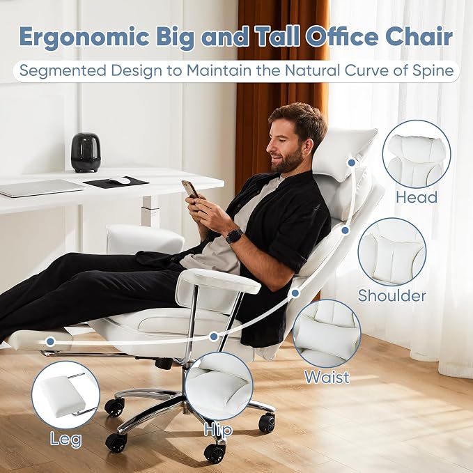 DUMOS Ergonomic Home Office Desk Chair, Executive Chair, PU Leather | Big Tall High Back, Lumbar Support, Reclining Height Adjustable, Computer Gaming, Footrest Swivel Wheels, Snow White - Image 4