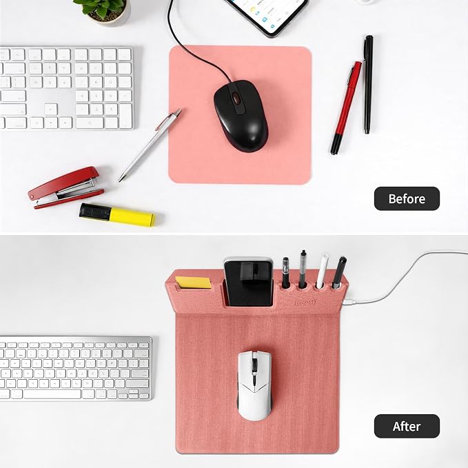 Mouse Pad with Phone Holder & Pen Holders, Wireless Charging Desk Mat, Mousepad Home Office Desk Pad with Ultra-Smooth Surface, Non-Slip Base, Waterproof Keyboard Pad, Classic Pink Desk Mat - Image 3