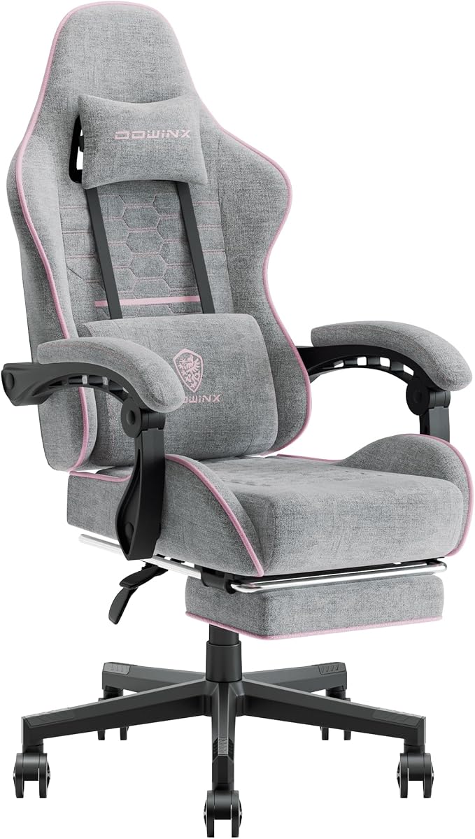 Dowinx Gaming Chair Fabric with Pocket Spring Cushion, Massage Game Chair Cloth with Headrest, Ergonomic Computer Chair with Footrest 290LBS, Pink and Grey by Dowinx