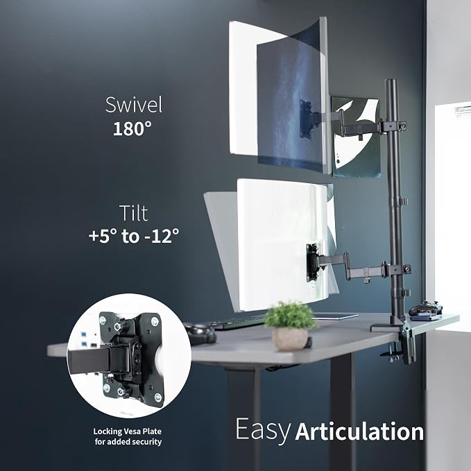 VIVO Dual Vertically Stacked Ultra-Wide Monitor Desk Mount with Extension Arms, Extra Tall Heavy Duty Adjustable Stand for 2 Ultrawide Screens up to 43 inches, 50 lbs Capacity, Black, STAND-V202T - Image 7