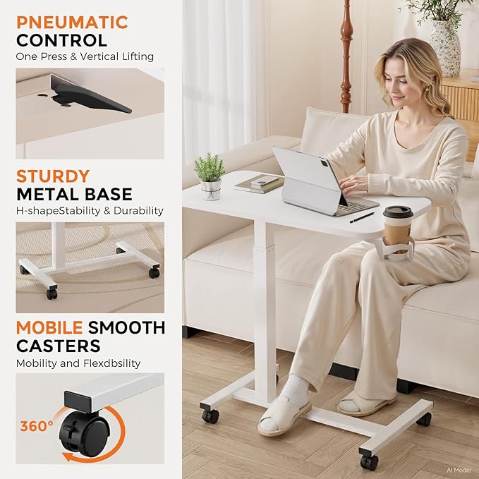 GTPLAYER Small Standing Desk with Wheels, Pneumatic Mobile Rolling Laptop Desk, Adjustable Height Overbed Bedside Table Computer Workstation for Home Office (28" W x 16" D, White) - Image 6