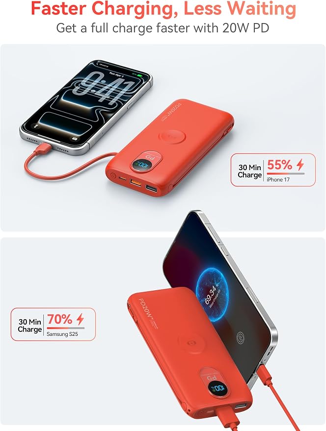 Portable Charger Power Bank 10000mAh PD20W w/Built-in Cables & AC Plug | Portable charger iphone,Fast charging, Built-in wall plug, LED display, Charge 6 devices at once, Pass through charging - Image 7