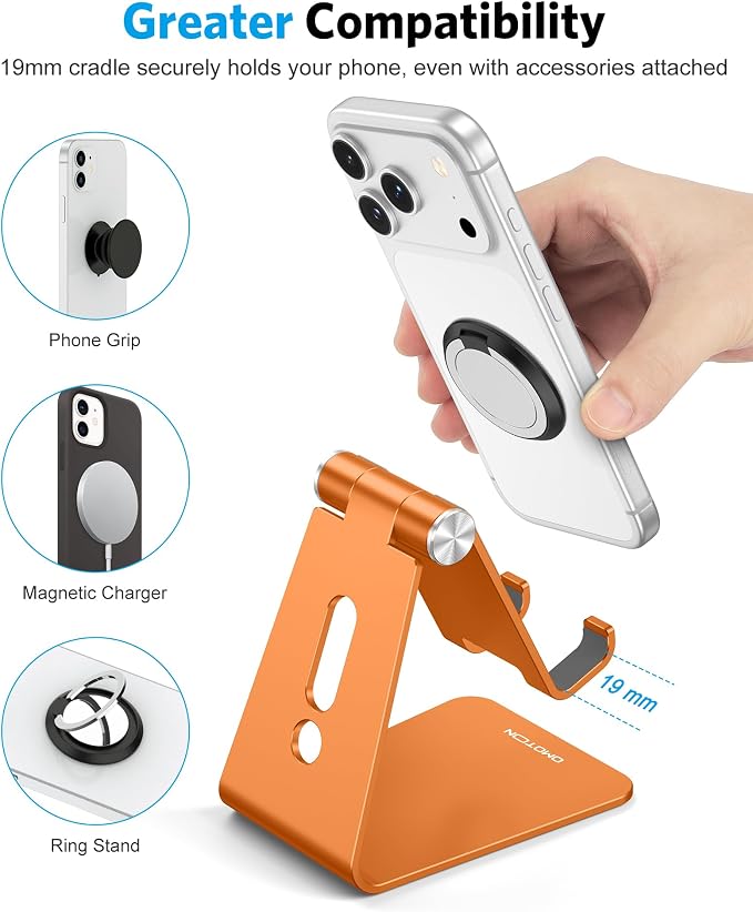 OMOTON Adjustable Cell Phone Stand, Aluminum Desktop Cellphone Stand with Anti-Slip Base and Convenient Charging Port, Fits All Smart Phones, Orange | Sturdy 3mm Aluminum, Charging Port, 270° Adjustable, Non-Slip Silicone Pads, Works with Thick Cases, ... - Image 5