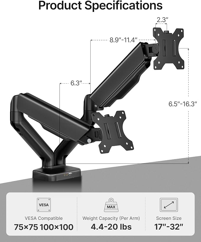 monTEK Dual Monitor Arm with USB Ports for 17-32" Screen up to 19.8 lbs | USB/audio ports for workspace, mechanical spring, full motion for flat/curved screens, clamp/grommet bases and VESA 75/100 - Image 9