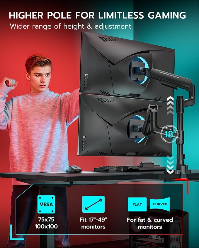 ARES WING Dual Monitor Mount with USB for 17-49 Inch Screen, Black | Ultrawide Heavy Duty Computer Monitor Arm Desk Mount for Curved Screen, Gas Spring Adjustable Vesa Stand - Image 4