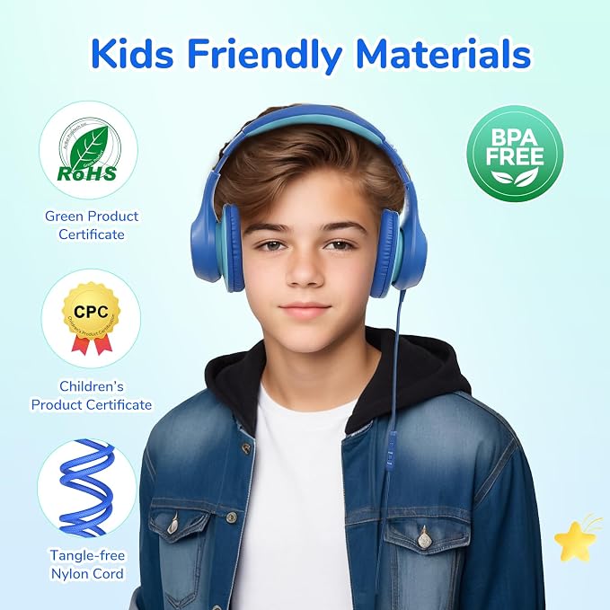 EarFun K3 Kids Headphones, Over Ear Headphones with Microphones, 85/94dB Safe Volume Limit, HD Stereo Sound, 3.5mm Jack, Foldable Wired Headphones for School/Travel/Boys/Girls/Tablet/iPad, Blue | Built-in Mic, 85/94dB Volume Limit, HD Stereo Sound, 3.5... - Image 7