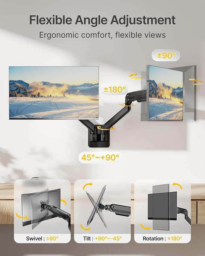 monTEK Dual Monitor Wall Mount, Wobble-Free Spring, 17–32" Full Motion | Dual Wall Mount Frees Full Desktop Space, Zero Clearance Retracts To 3.8", Wobble-Free Spring, Supports 20 Lbs Per Arm - Image 5