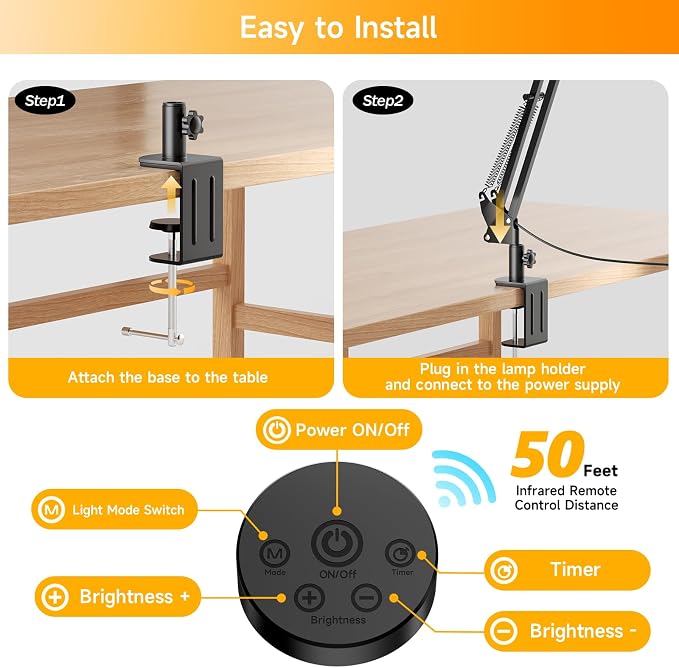 Led Desk Lamp for Home Office - 2400LM Ultra Bright Desk Light -Eye Caring Desk Lamp with Clamp - Adjustable Office Lamp with Remote Control- Easy Installation - 24W Black - Image 3
