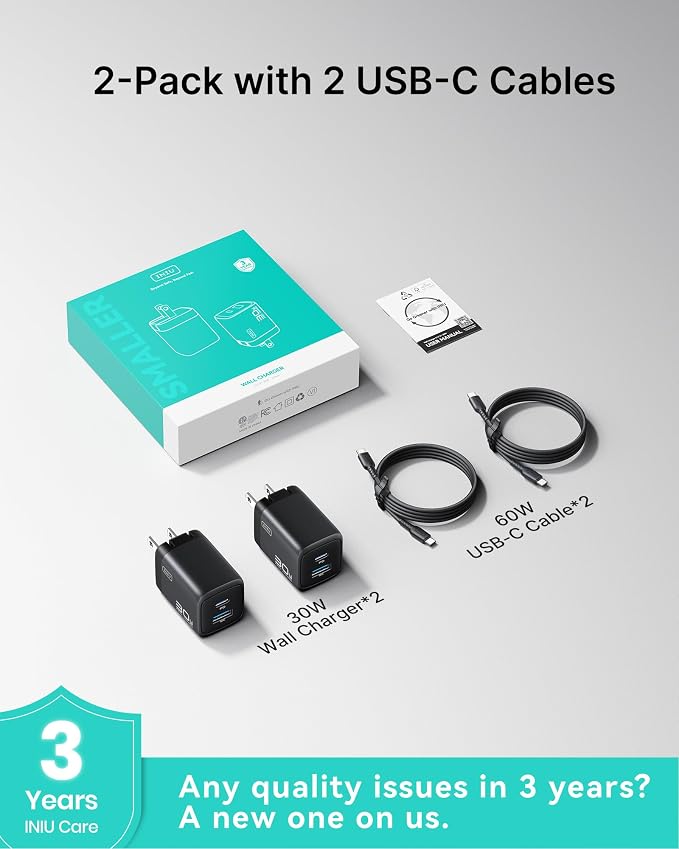 INIU Mini USB C Charger, 30W GaN Fast Charging ETL Certified Wall Adapter Block with Samrt Phone Protection, Dual Port with 5ft Type C Cable for iPhone 17 iPad Samsung Google Switch [2-Pack Orange] - Image 6