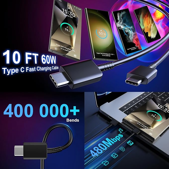 Type C Charger Fast Charging 10FT Cord 25W Samsung Super Fast Charger Android Phone Charger Block for Samsung Galaxy S26/S26+/S26 Ultra/S25/S25 Ultra/S25+/S24/S23/S22/S21/S20/Note 20/Note 10, Black - Image 3