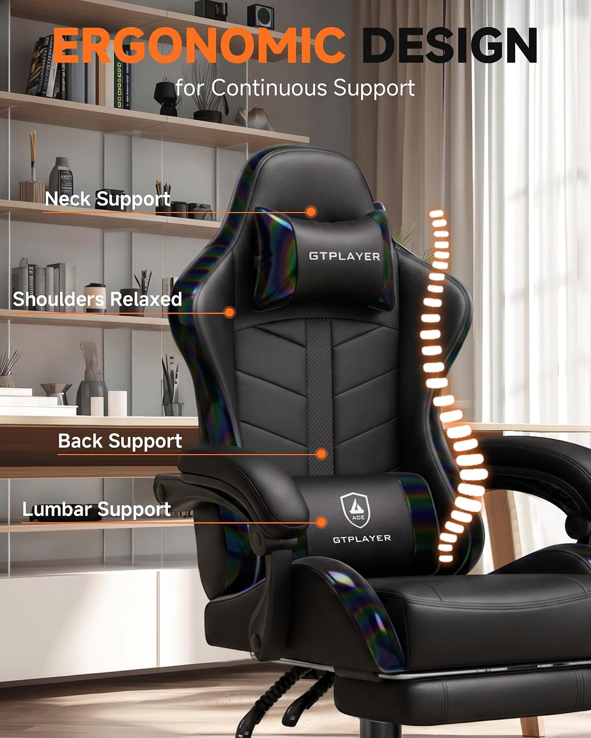 GTPLAYER Gaming Chair for Adults, Computer Chair with Footrest, Black - Image 4