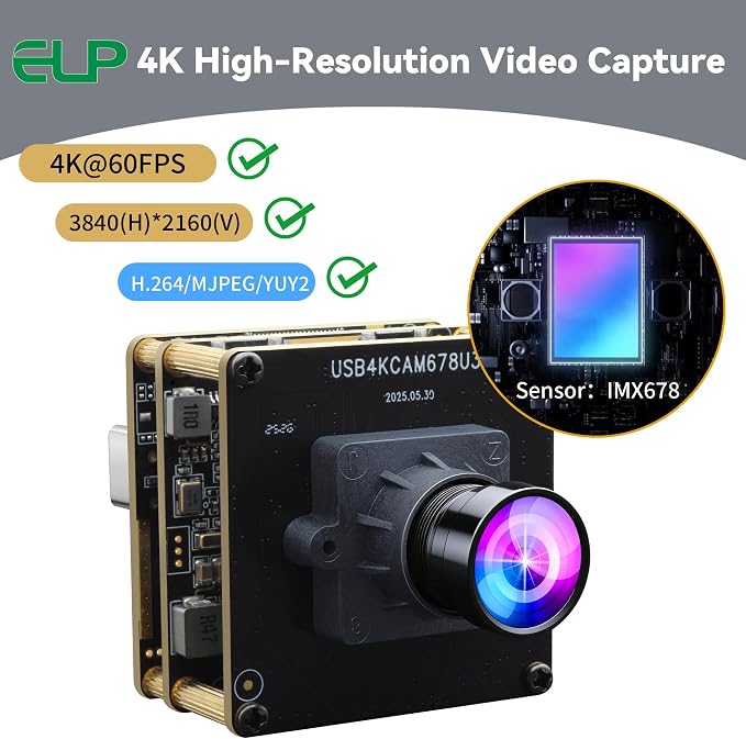 ELP 4K 60fps USB3.0 HDMI Camera Module H.264 Wide Angle High Speed UVC Lightburn Cameras for Computer Low Illumination Simultaneous Output Webcam M12 100° Web_camera for Windows Linux Mac TV Projector - Image 2