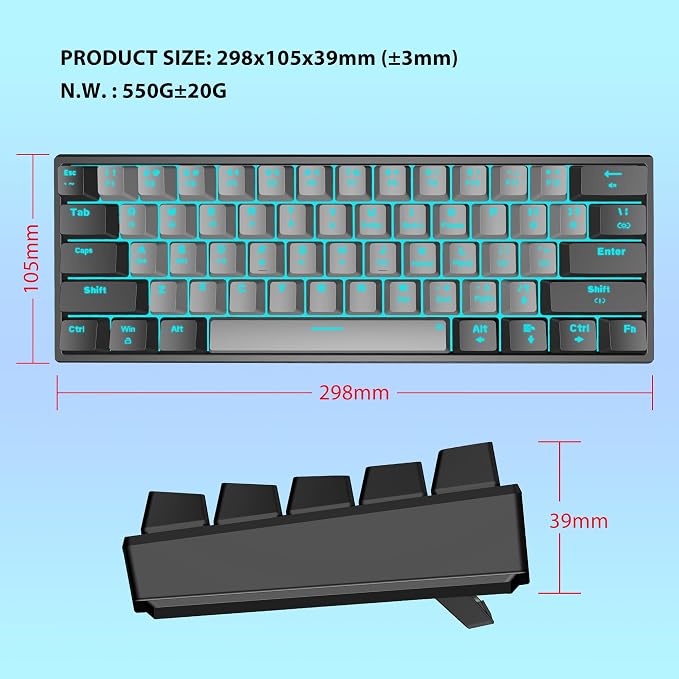 Snpurdiri 60% Wired Mechanical Gaming Keyboard (Black-Grey, Red Switches) | Ice Blue LED Backlit 61 Keys Mini Wired Office Keyboard for Windows Laptop PC Mac - Image 7