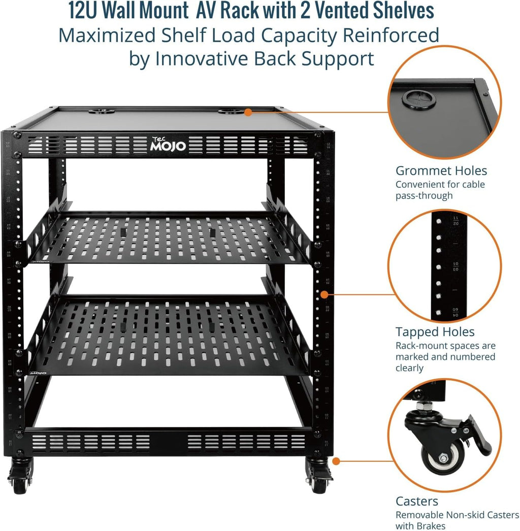 TECMOJO 12U Open Frame Network Rack for IT & AV Gear, 4-Post With Casters, Mobile With 2 PCS 1U Server Shelf & Mounting Hardware, for 19" Network, Audio and Video Device - Image 4
