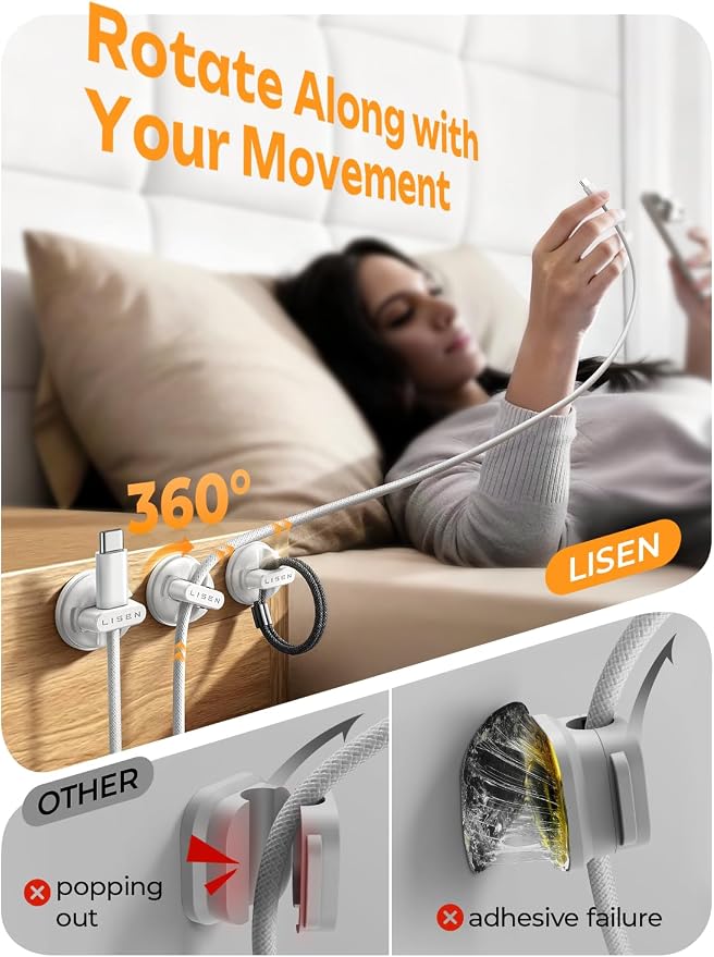12-Pack Rotatable Cord Holder for Nightstand, LISEN 360°Rotating Magnetic Clips, No-Residue Strong Adhesive Cord Organizer for Desk, Phone Cord Holder for Home, Car, Office Desk Accessories, White - Image 2