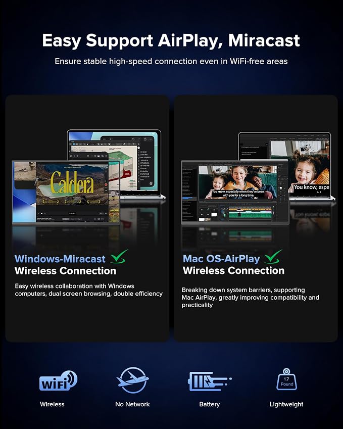 EVICIV Wireless Portable Monitor with 8000mAh Battery, 15.6" (4-5H) | Support AirPlay, Miracast Laptop Display, USB-C & MINI HDMI & VESA, Travel Second Screen for Laptop, Computer, Game Consoles - Image 4