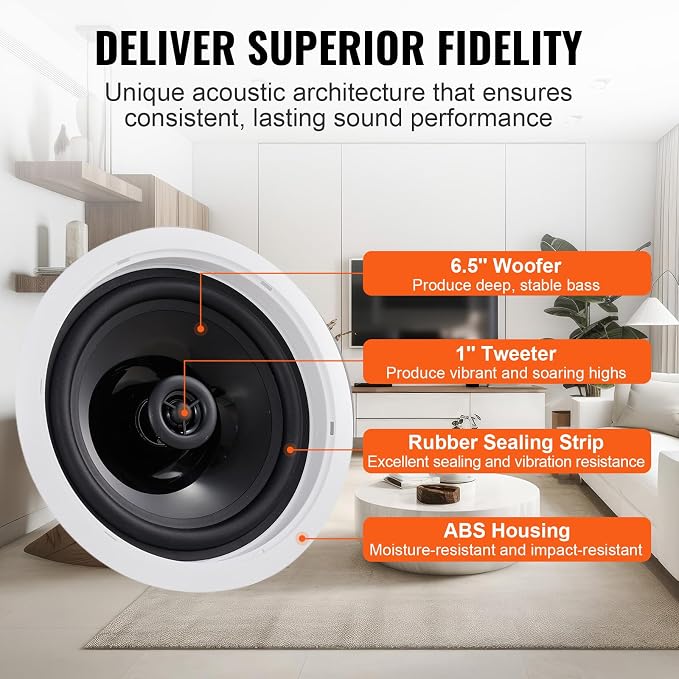 VEVOR 4 PCs 6.5'' Bluetooth Ceiling Speakers, 600W Flush Mount Ceiling & in-Wall Speaker System with 8Ω Impedance 89dB Sensitivity, for Home Kitchen Living Room Bedroom or Covered Outdoor Porches - Image 5
