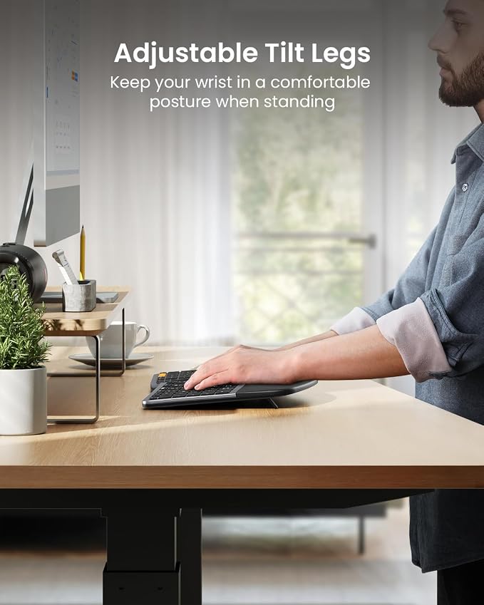 ProtoArc EKM01 Plus Wireless Ergonomic Keyboard Mouse Combo - Gray Black | Full-size Split Keyboard with Cushioned Wrist Rest, Ergonomic Mouse, 3-Device Bluetooth/2.4G, USB-C Rechargeable - Image 4